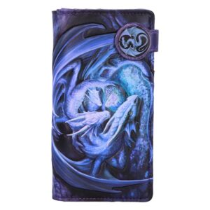 Purple wallet featuring a blue dragon artwork and a round clasp emblem, set against a dark purple background.