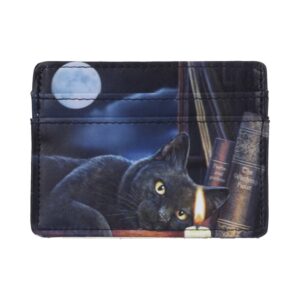 Wallet with a sleeping black cat by a lit candle, moonlit night and antique books visible (The Witching Hour)