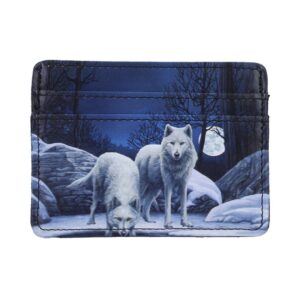 Wallet featuring a snowy night scene with two white wolves under a full moon in blue tones