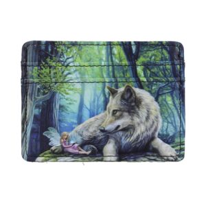Wallet with a fantasy forest scene: a large gray wolf beside a small winged girl in a pink dress among trees.