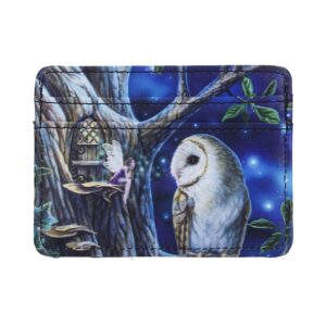 Blue wallet with a fantasy night scene: an owl facing a tiny fairy on a tree against a starry background.