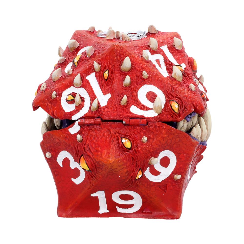 Red, spiky monster dice sculpture with white numbering and bone-like protrusions, showing faces like 19, 9, and 6 in a stacked design.