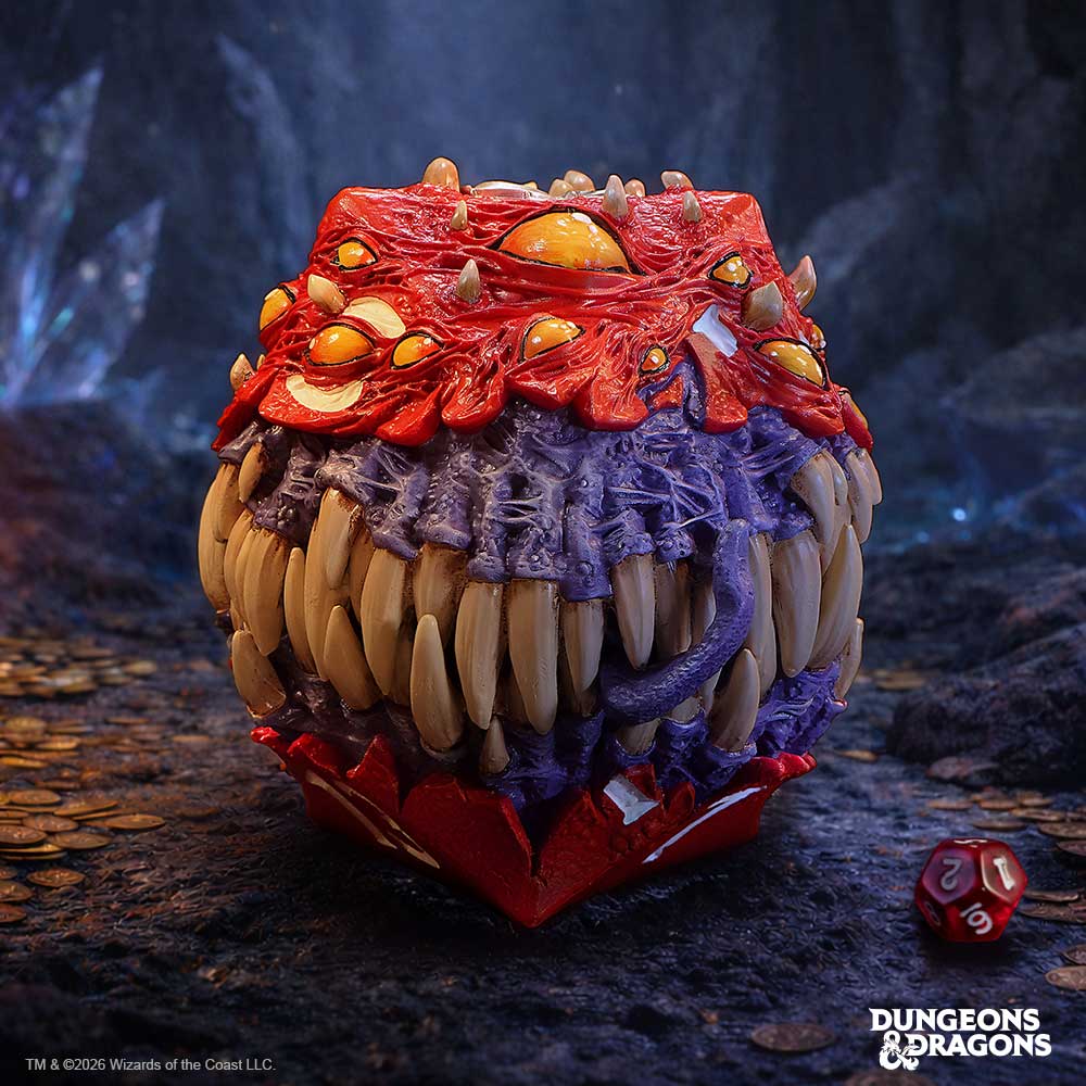 Red-and-purple cube monster with numerous sharp teeth, sitting on a dungeon floor with a red die nearby, D&D branding in corner.