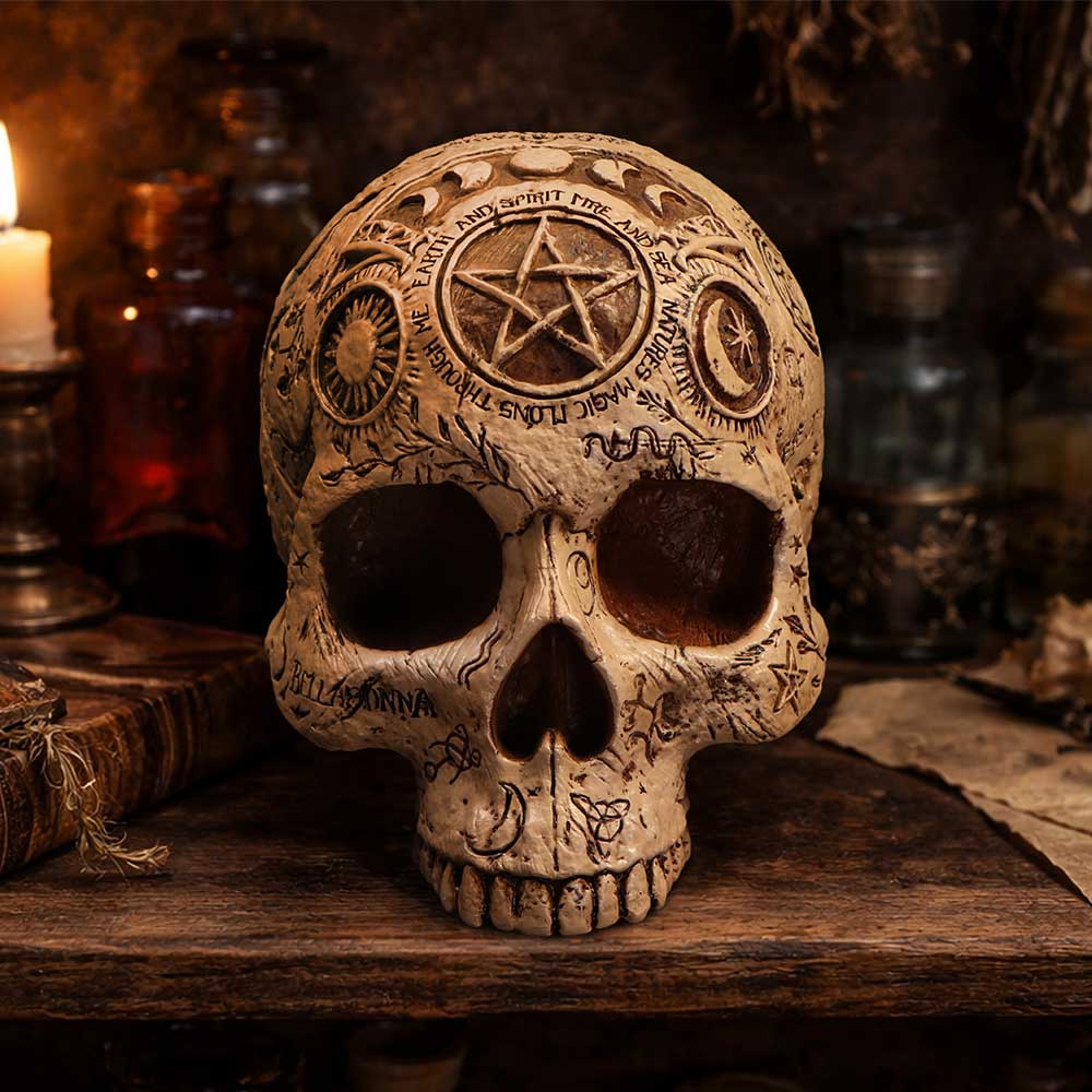 Decorative skull carved with runes and occult symbols, resting on a wooden table by a softly lit candle.