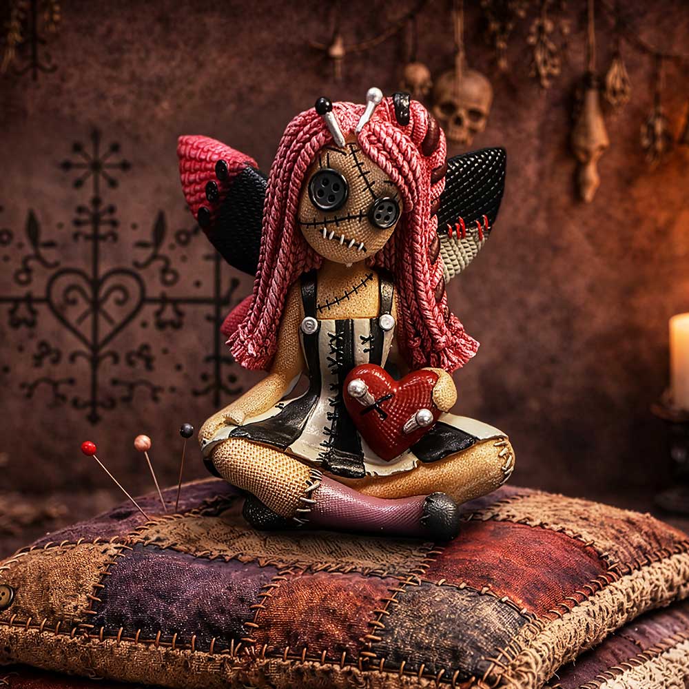 Handmade fabric rag doll with pink yarn hair and button eyes sits cross‑legged on a multicolored patchwork pillow, holding a red heart in a dim, gothic setting.