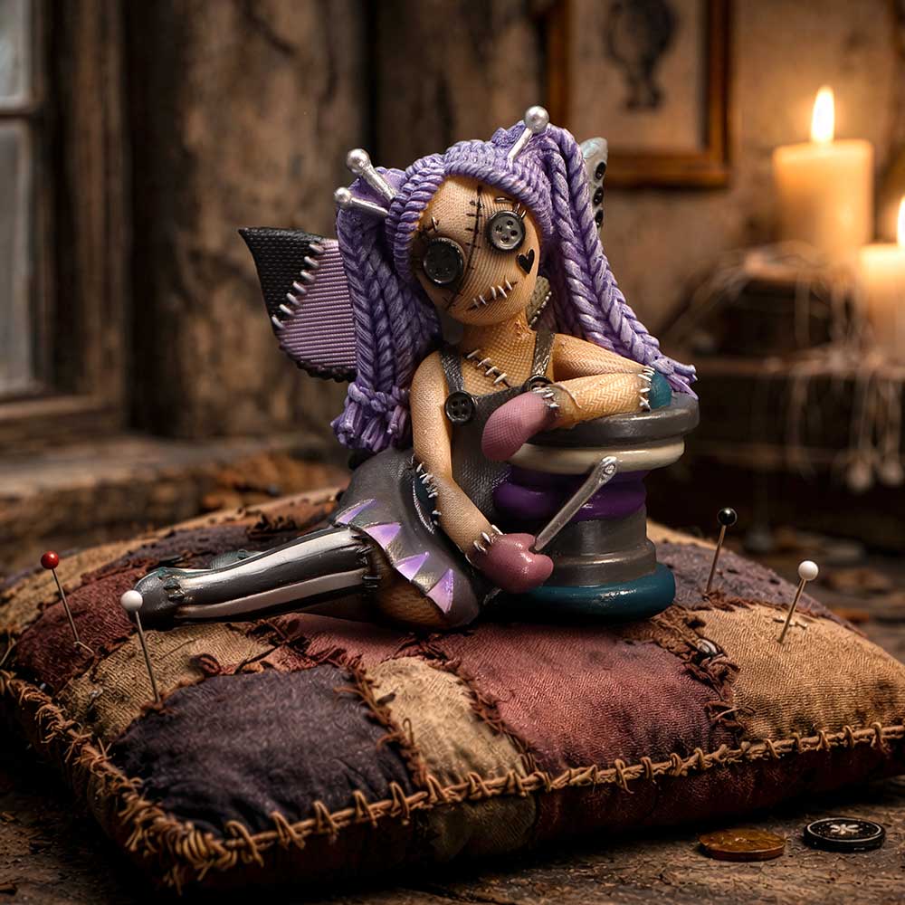 A stitched plush doll with purple yarn hair sits on a patchwork sewing cushion surrounded by pins and a candlelit room.