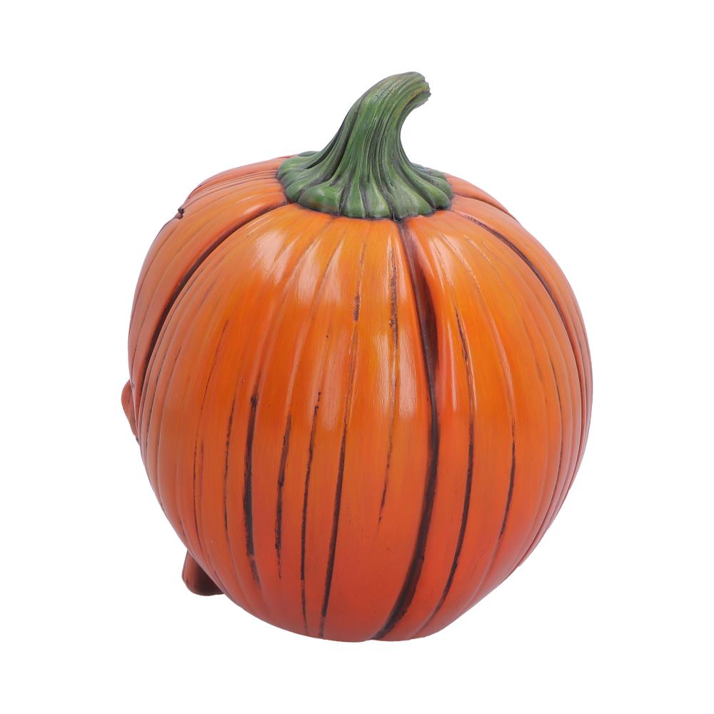 Decorative orange pumpkin sculpture with a green stem and dark vertical stripes