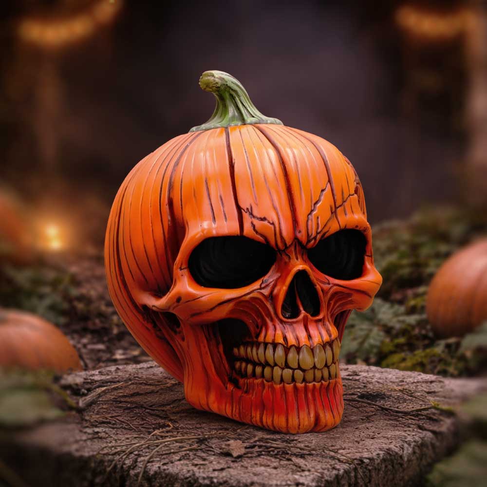 Orange jack-o'-lantern carved into a skull sitting on a tree stump with a smoky, autumn background.