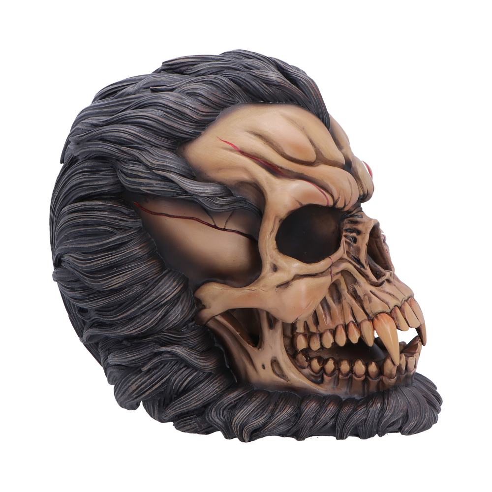 Werewolf skull sculpture with dark fur mane and exposed fangs facing right, on a white background.