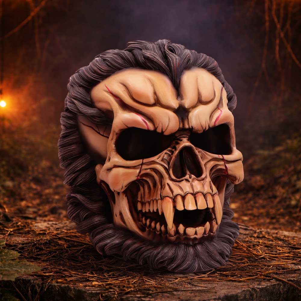 Skull mask with a dark gray beard resting on autumn leaves in a dim forest scene, Halloween-y vibe.