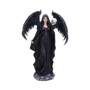 Black-winged gothic angel figurine in a flowing gown, holding a skull, standing on a rocky base on display.