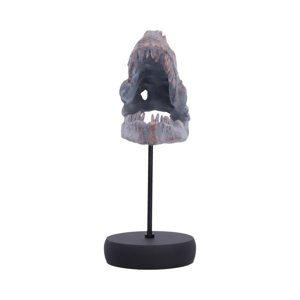 Model of a dinosaur jaw skull mounted on a black stand, showing large sharp teeth and blue-gray, rust-colored detailing