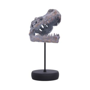 Dinosaur skull replica mounted on a black display stand against a white background.