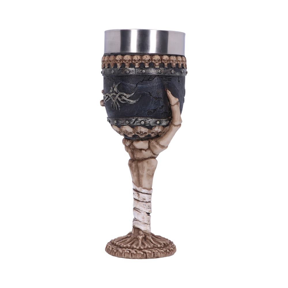 Gothic goblet with a skull-adorned cup held by a skeletal hand on a bone-like stem and base.