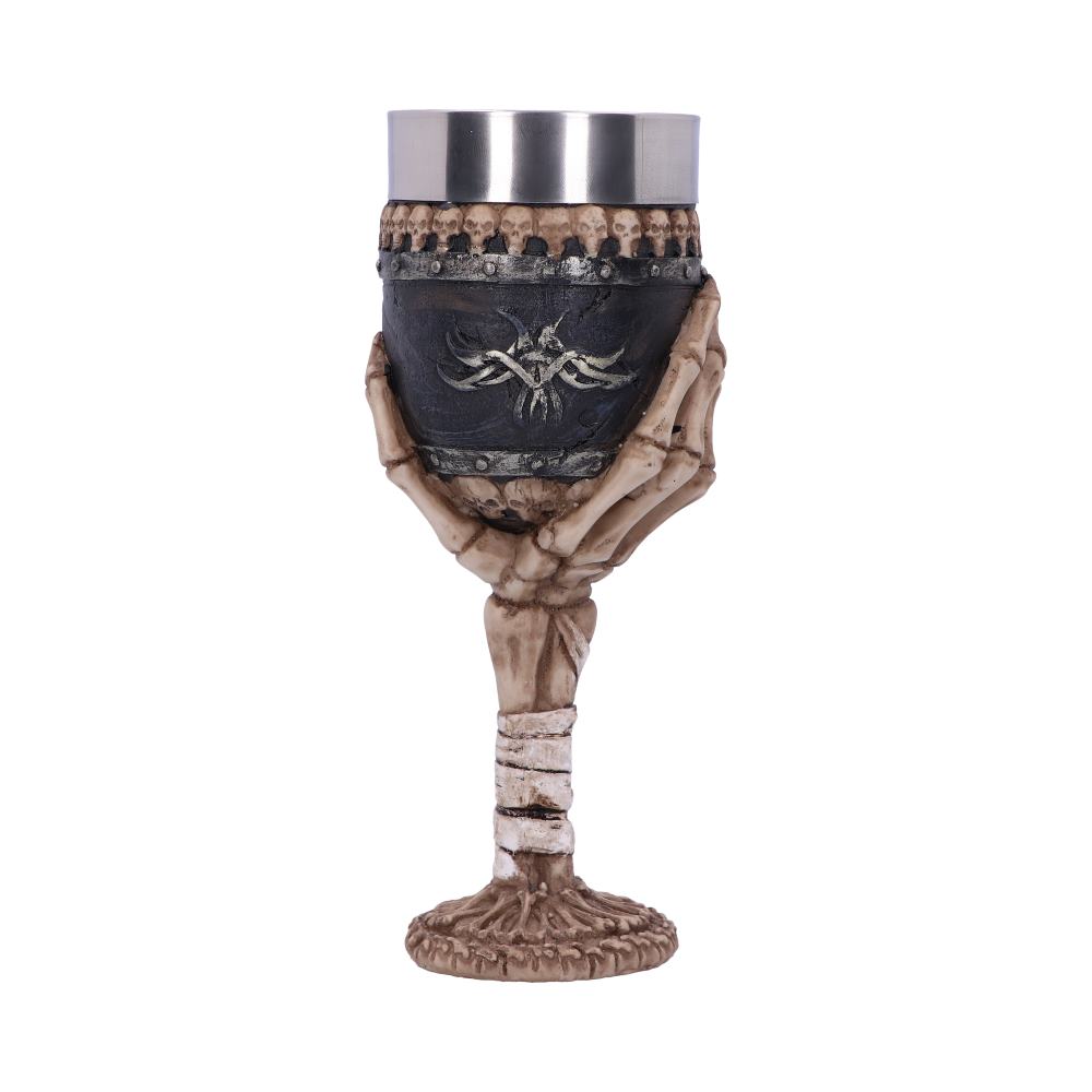 Gothic goblet with skeletal hands gripping a black leather cup and metal rim, on a bone-like pedestal with a skull emblem.