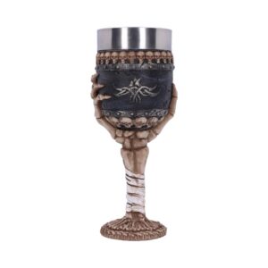 Gothic decorative goblet with a skeleton hand stem gripping a black cup edged with skulls.