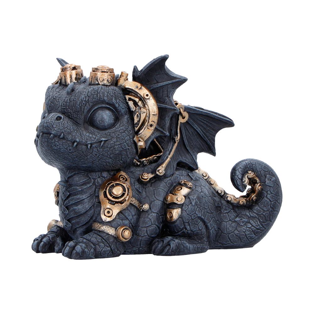 Steampunk dragon figurine in dark blue with brass gears and wings, sitting on its haunches.