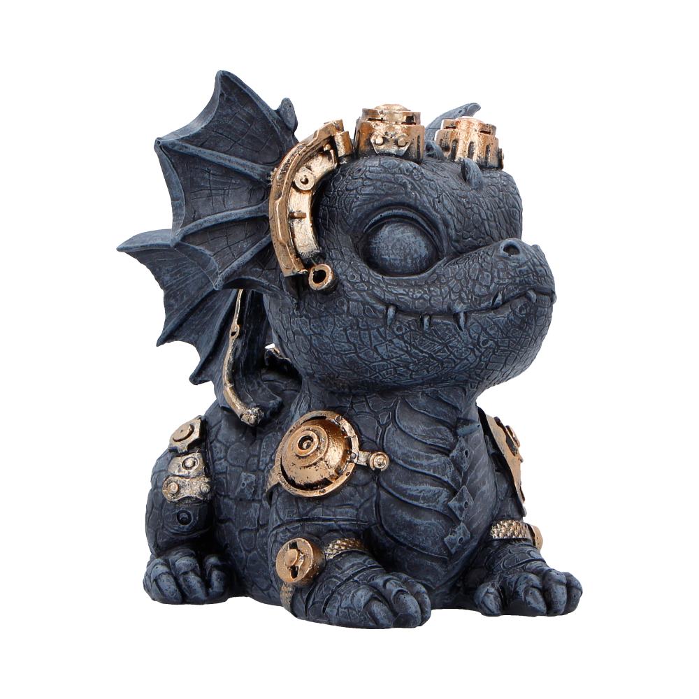 Blue dragon figurine with bronze gears and armor accents, sitting upright on its haunches.