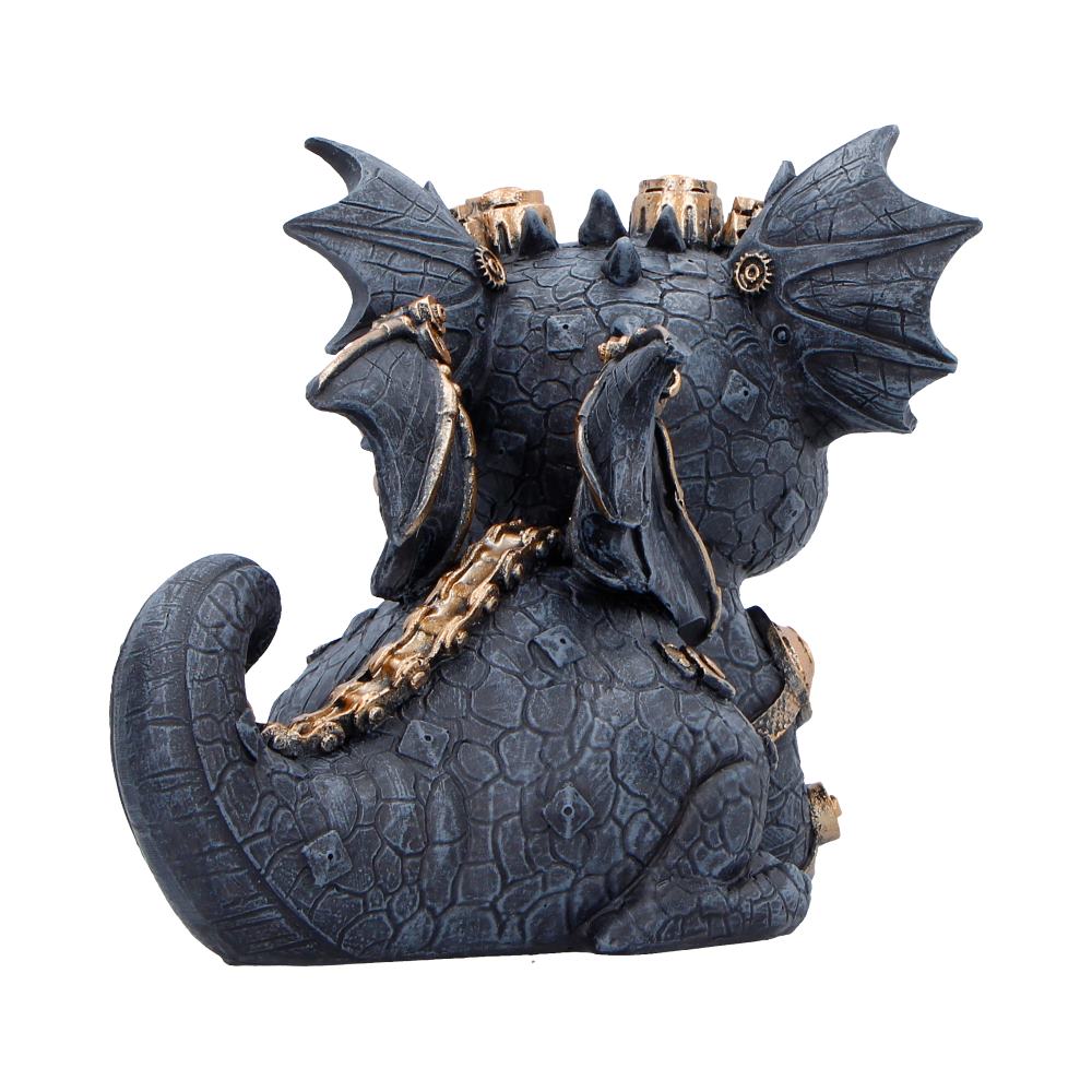 Back view of a dark gray dragon statue with gold accents and chained spine, seated on its haunches