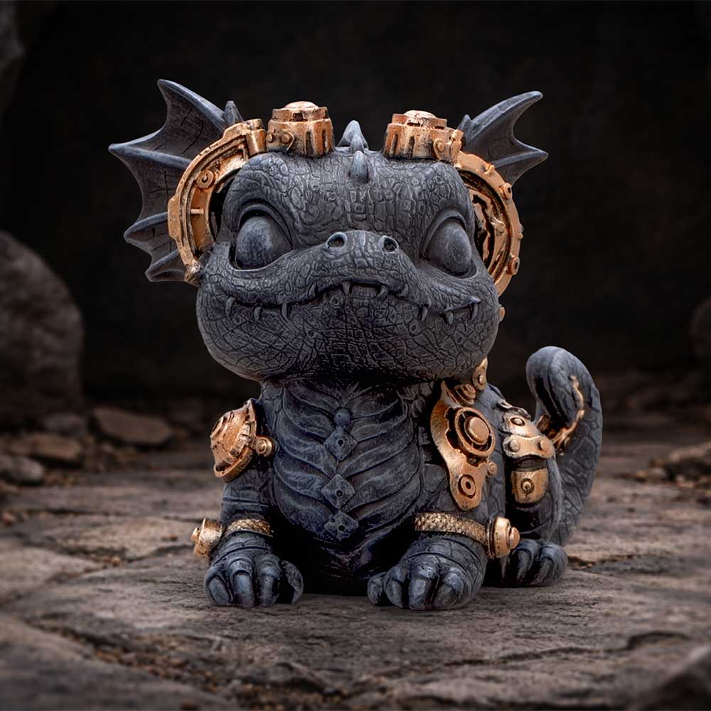 Small blue-gray dragon figurine with steampunk gold armor, sitting on a rocky surface.