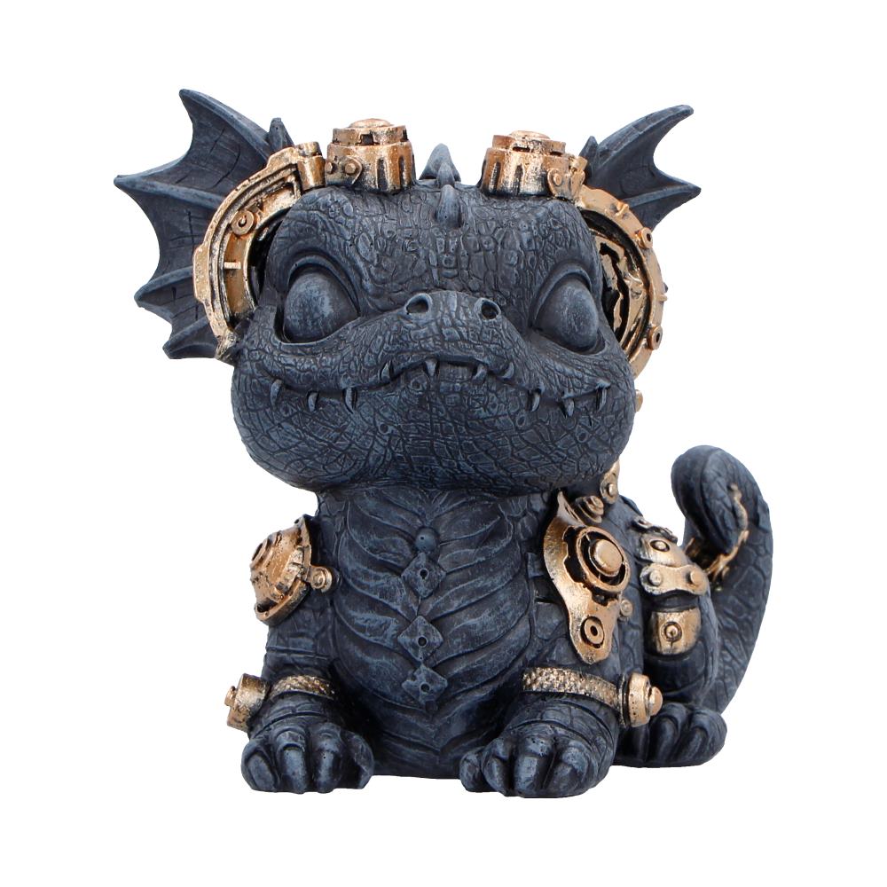 Blue-gray dragon figurine with brass steampunk gears and armor, sitting and smiling.