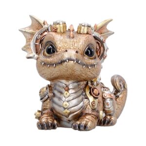 Cute steampunk dragon figurine with metallic armor and gears.