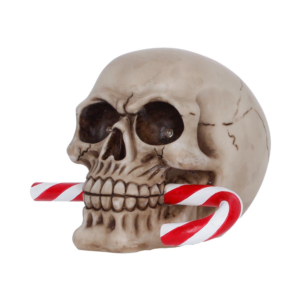Decorative skull with a red-and-white candy cane clenched between teeth (Halloween prop)