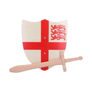 Toy shield featuring the England flag (red cross and three lions) with a wooden toy sword laid across it