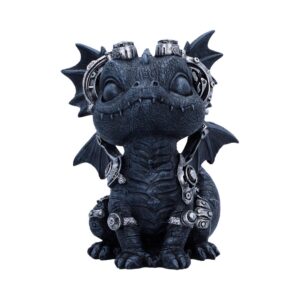 Small dark blue dragon figurine covered in metal gears and steampunk accessories, sitting upright with closed eyes.