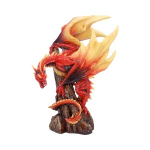 Red and orange dragon figurine perched on a rocky pedestal with fiery wings extending behind it in a dynamic pose, decorative statue for display.
