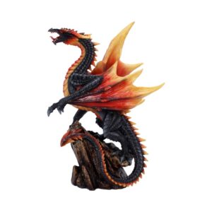 Dragon statue with black scales and fiery orange-red wings perched on a rocky base.