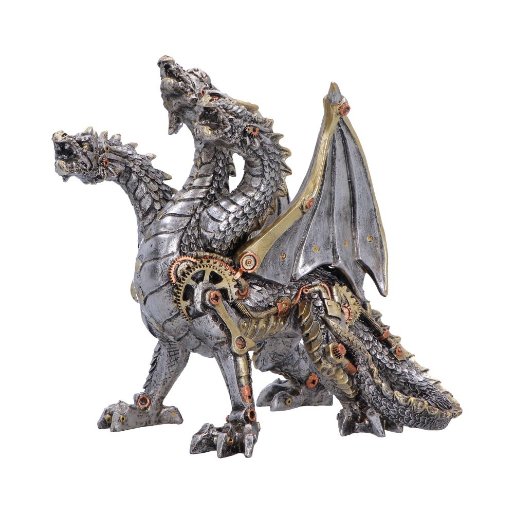 Two-headed steampunk dragon figurine with exposed copper gears and a single pair of wings, metallic gray finish.