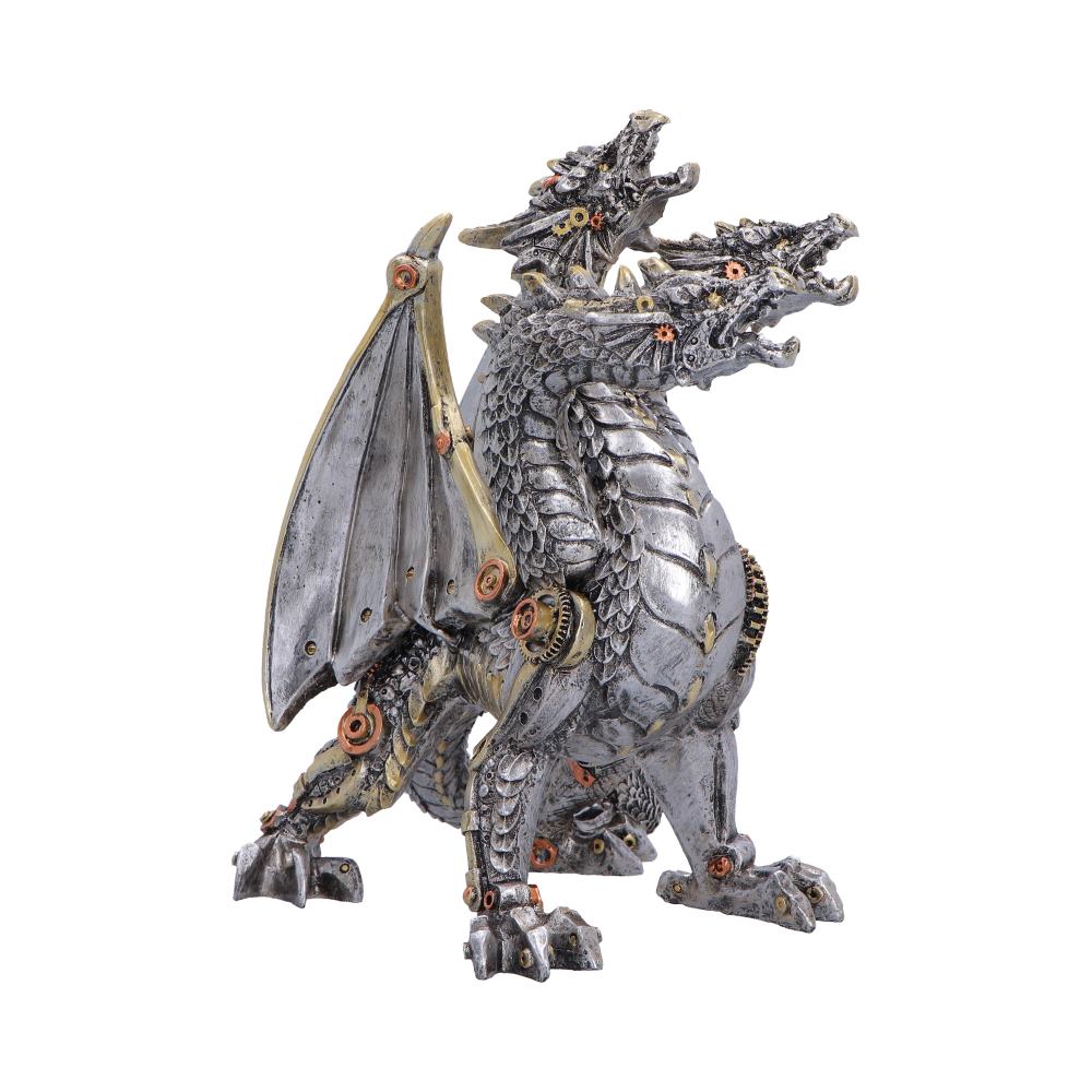 Stony gray, steampunk dragon statue with gears and metallic wings, posed on four legs.