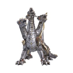 Three-headed metallic dragon toy statue with visible gears and segmented scales, posed upright like Godzilla.