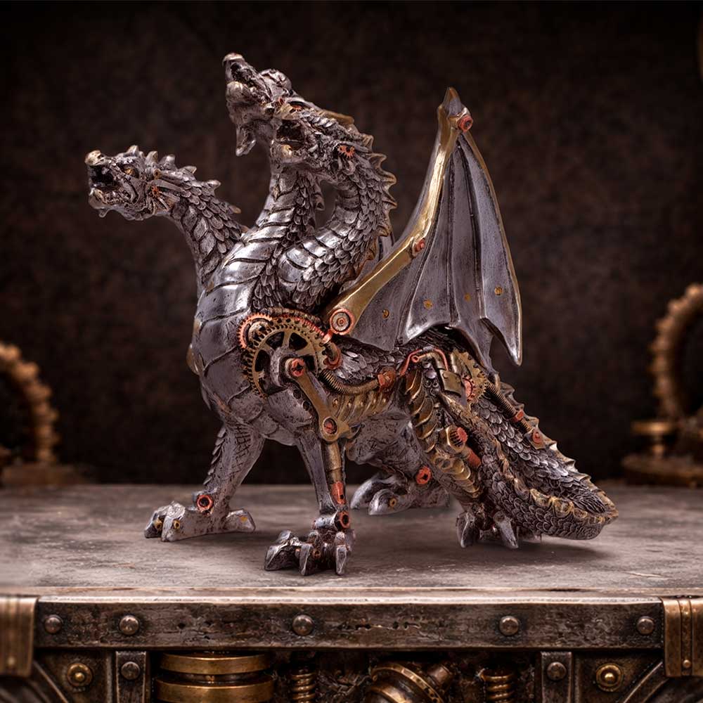 Steampunk dragon figurine with gears and metallic plates on a rustic tabletop.