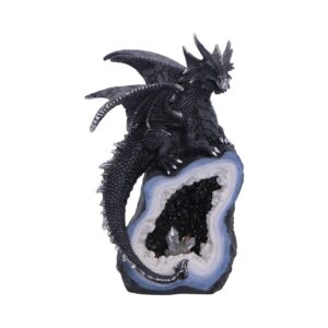 Black dragon figurine perched on a blue geode with a crystal-filled hollow inside