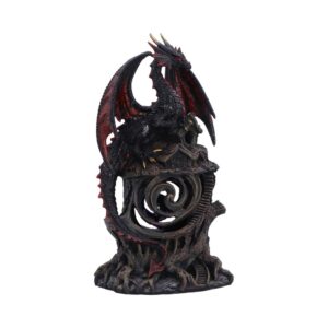 Black dragon figurine with red-tinted wings perched on a rocky pedestal, featuring a spiraled hollow center.