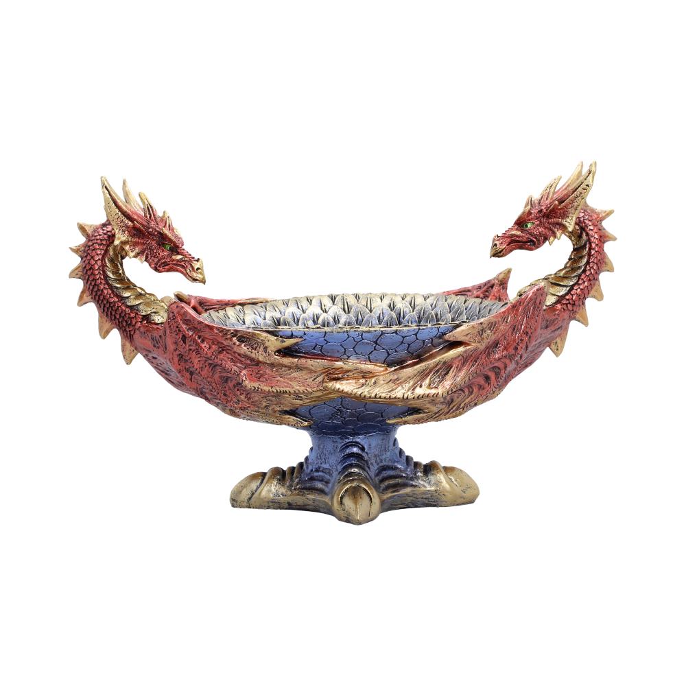 Decorative double-dragon bowl with red and gold scales on a blue base, ornamental centerpiece or trinket dish (no lid).