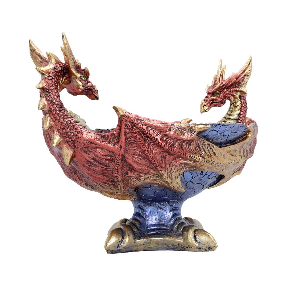 Two-headed dragon figurine forming a shallow bowl on a blue-gold pedestal with red scales