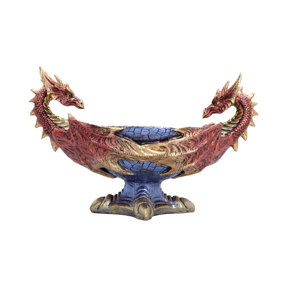 Decorative double-dragon bowl with red-gold scales, blue interior, and a blue pedestal base.