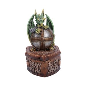 Green dragon figurine perched on a metallic globe resting on a carved ornate chest pedestal, decorative statue.