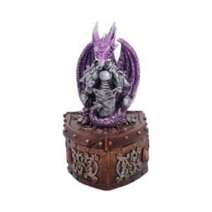 Purple dragon figurine with silver armor perched on a studded, ornate treasure chest