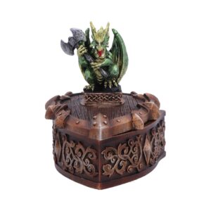 Green dragon figurine gripping an axe atop a carved brown pedestal with decorative scrollwork and studs.