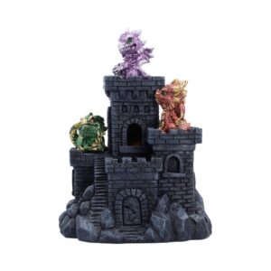 Dark gray castle playset with three small colorful dragons perched on towers.