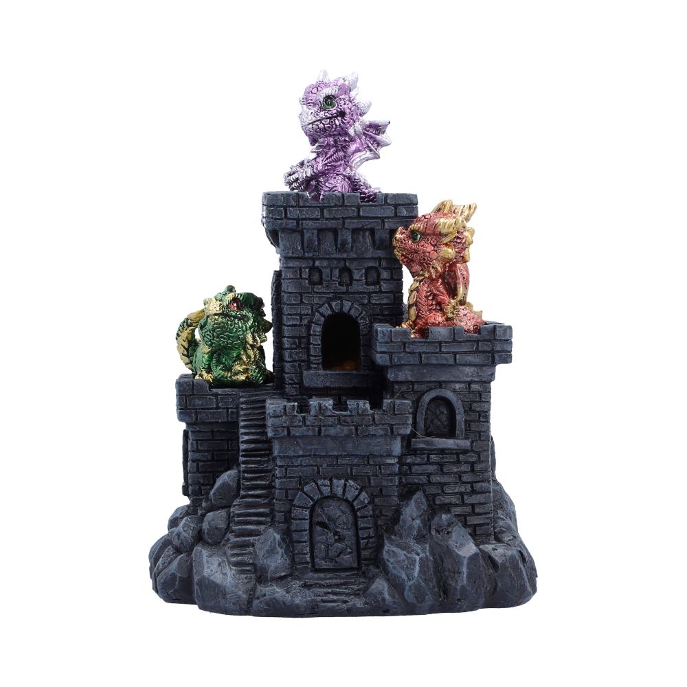 Dark gray castle playset with three small colorful dragons perched on towers.